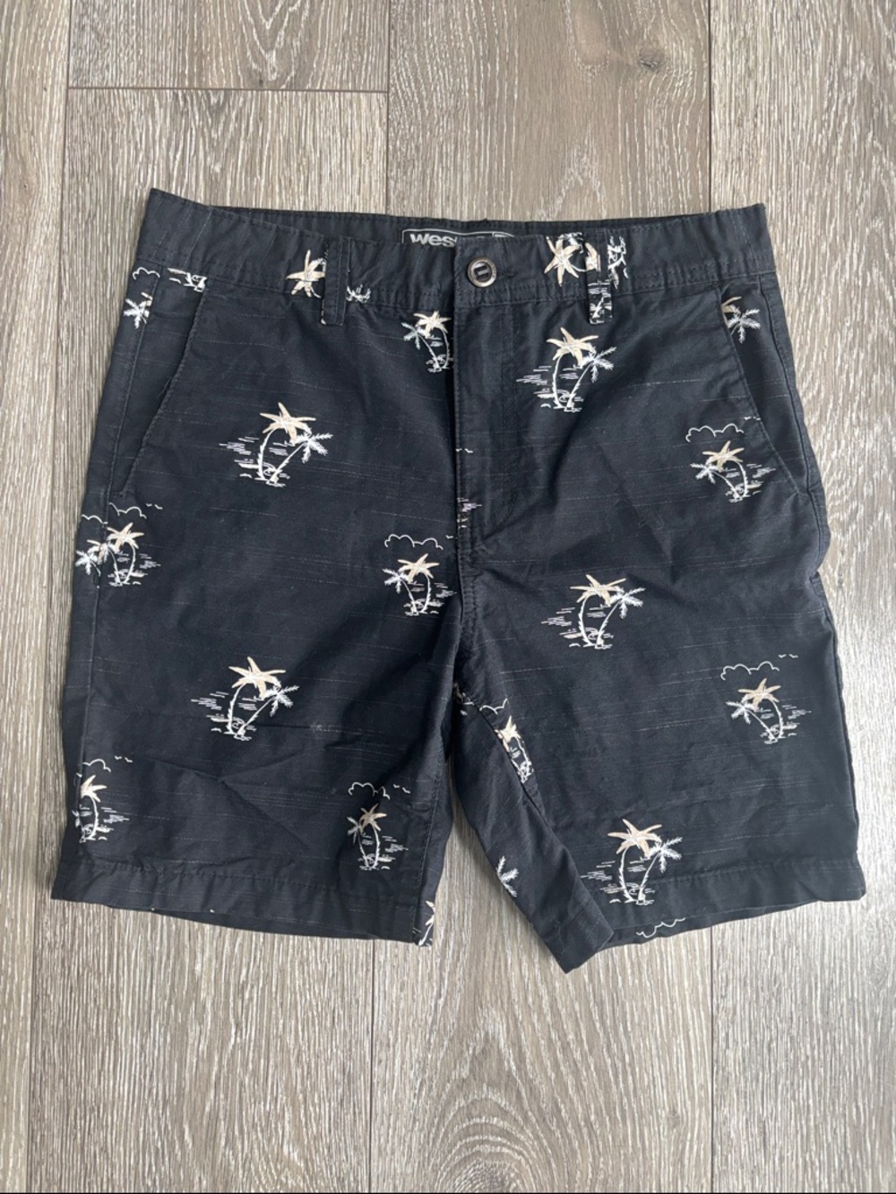 Black Palm-Print Kids Shorts, boys size 13/14